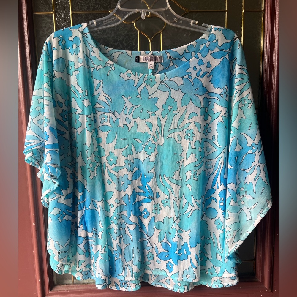 Jennifer Lopez Aqua and White Floral Blouse